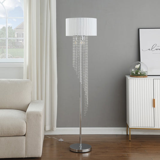 66" Clear And Silver Crystal And Metal Floor Lamp With White Linen Drum Shade
