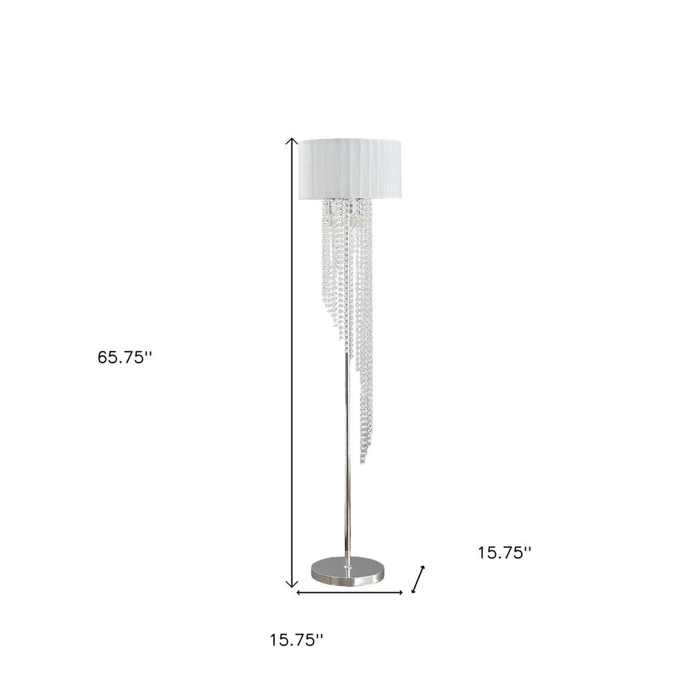66" Clear And Silver Crystal And Metal Floor Lamp With White Linen Drum Shade