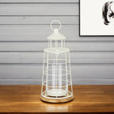 15" White And Natural Metal And Wood Lighthouse Tabletop Lantern Candle Holder