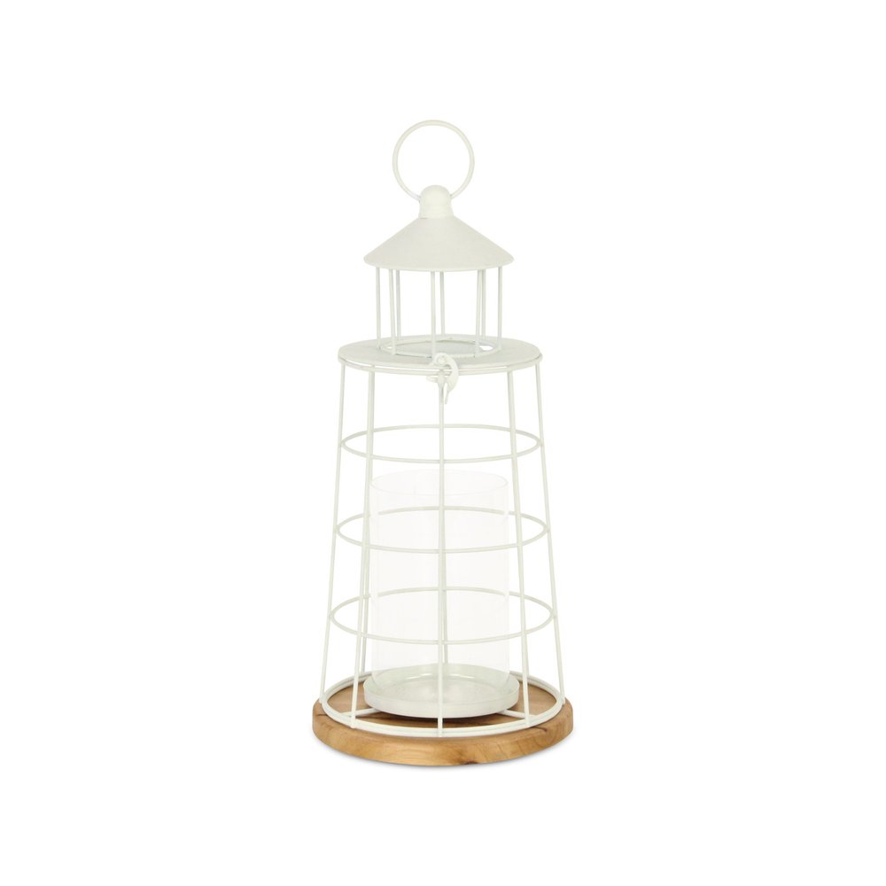 15" White And Natural Metal And Wood Lighthouse Tabletop Lantern Candle Holder