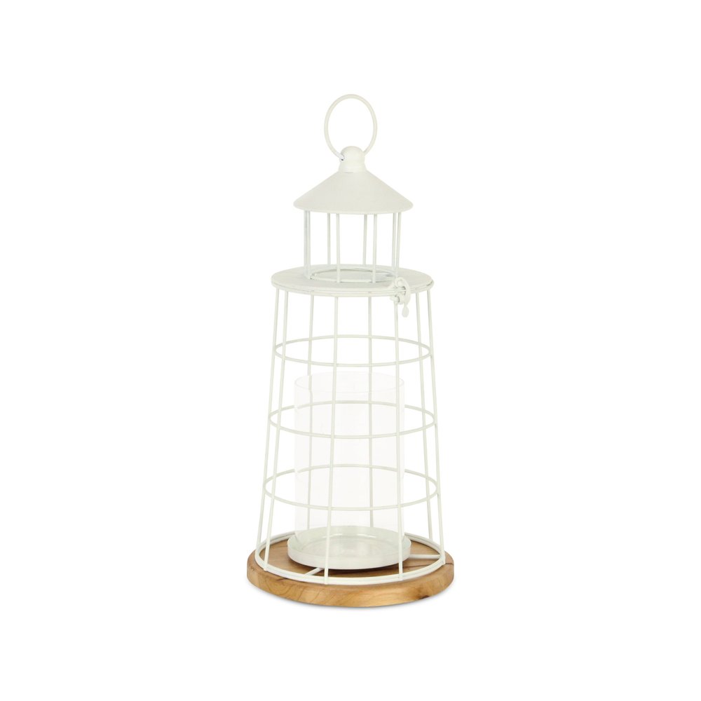 15" White And Natural Metal And Wood Lighthouse Tabletop Lantern Candle Holder