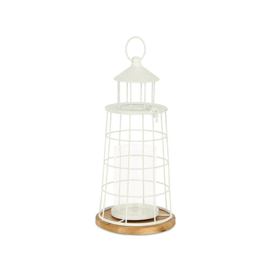 15" White And Natural Metal And Wood Lighthouse Tabletop Lantern Candle Holder