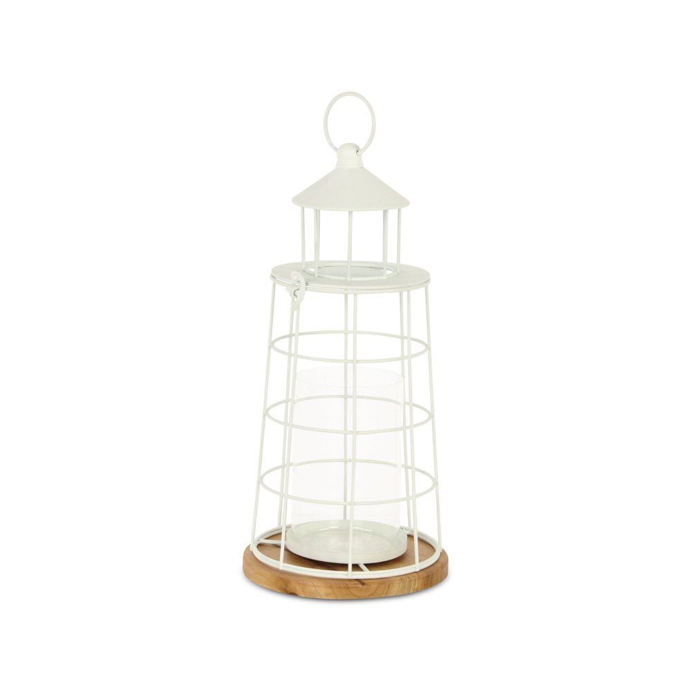 15" White And Natural Metal And Wood Lighthouse Tabletop Lantern Candle Holder