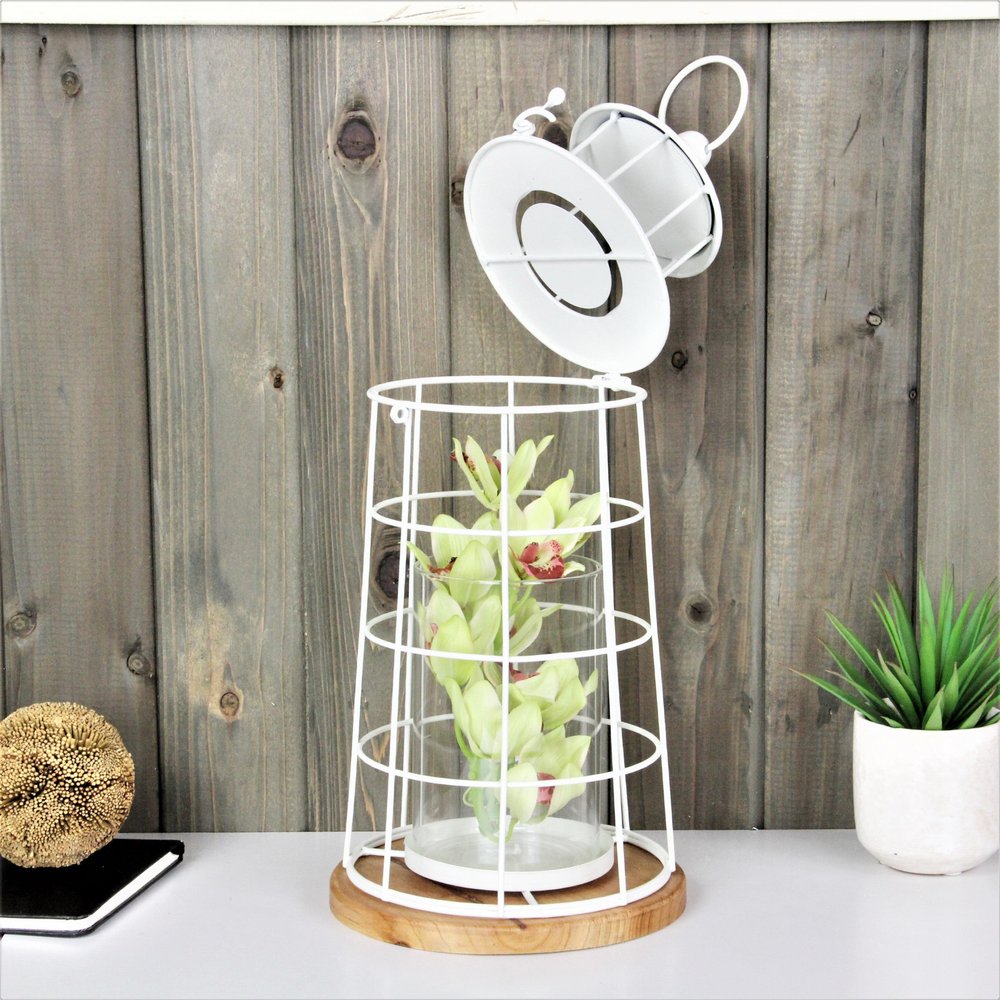 15" White And Natural Metal And Wood Lighthouse Tabletop Lantern Candle Holder