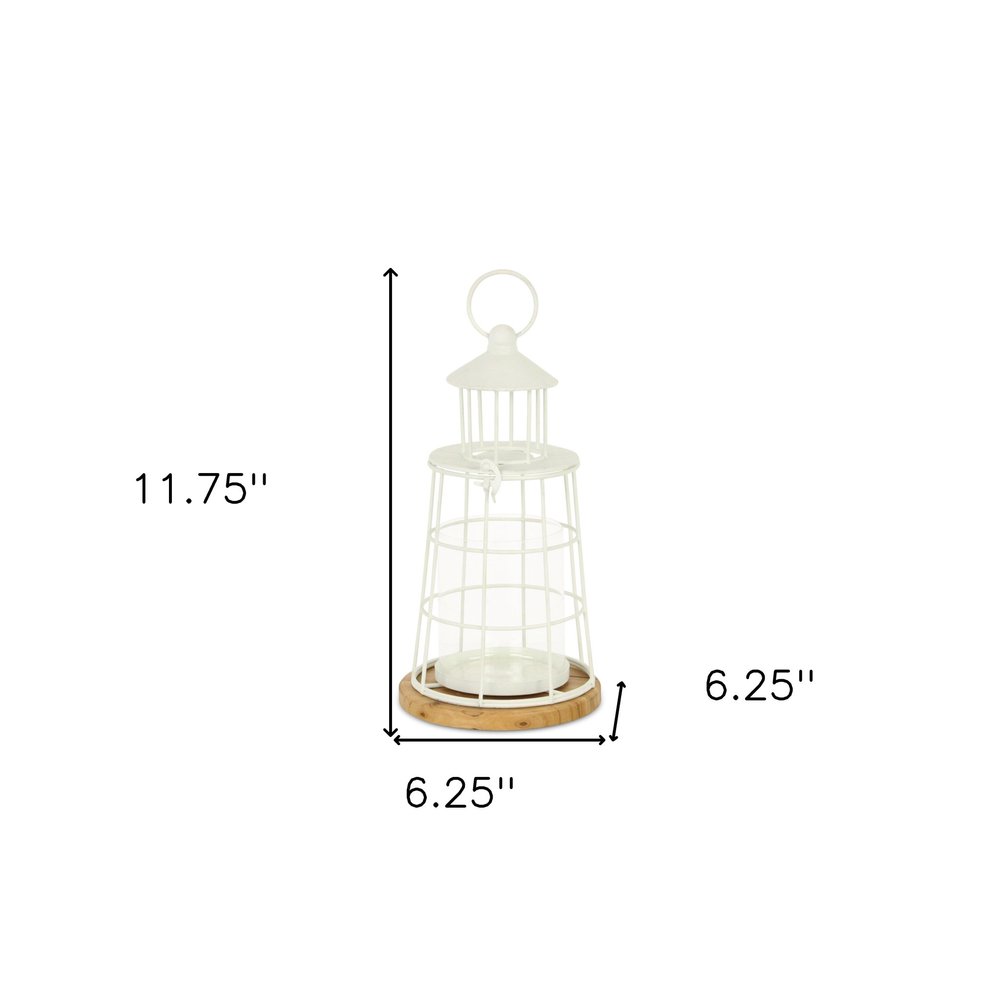 12" White And Natural Metal And Wood Lighthouse Tabletop Lantern Candle Holder