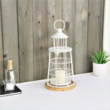 12" White And Natural Metal And Wood Lighthouse Tabletop Lantern Candle Holder