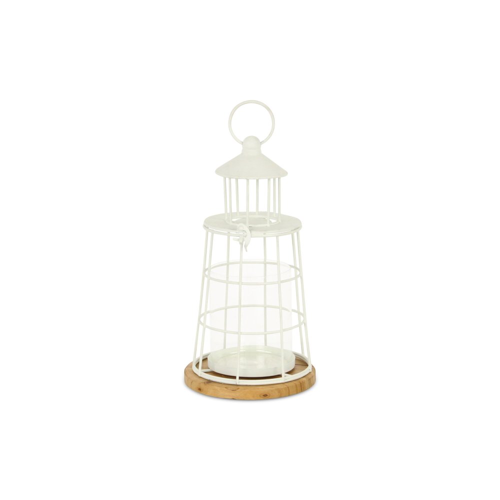 12" White And Natural Metal And Wood Lighthouse Tabletop Lantern Candle Holder