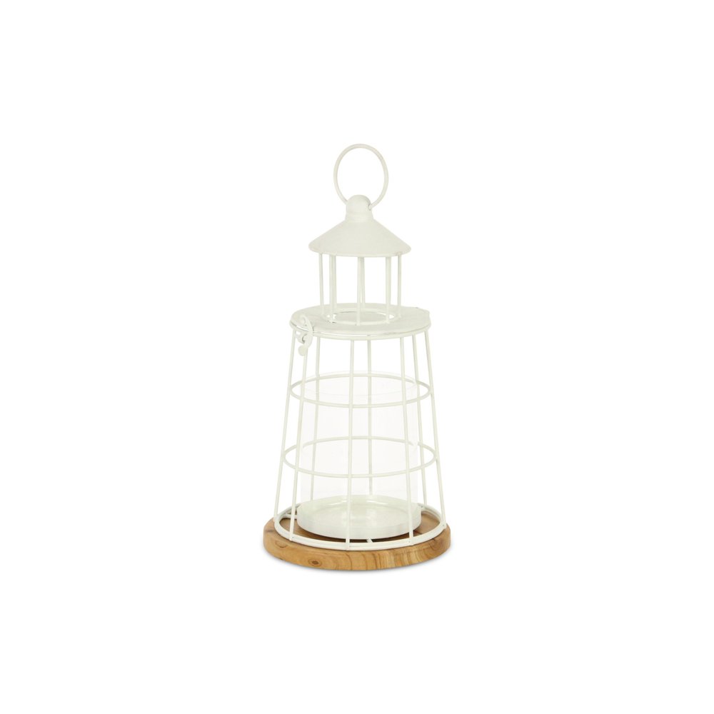 12" White And Natural Metal And Wood Lighthouse Tabletop Lantern Candle Holder