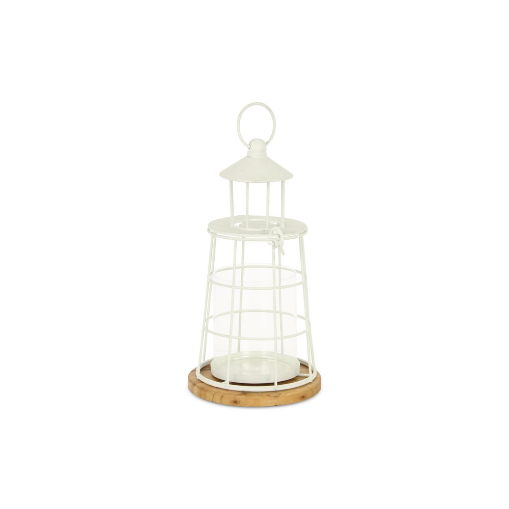 12" White And Natural Metal And Wood Lighthouse Tabletop Lantern Candle Holder