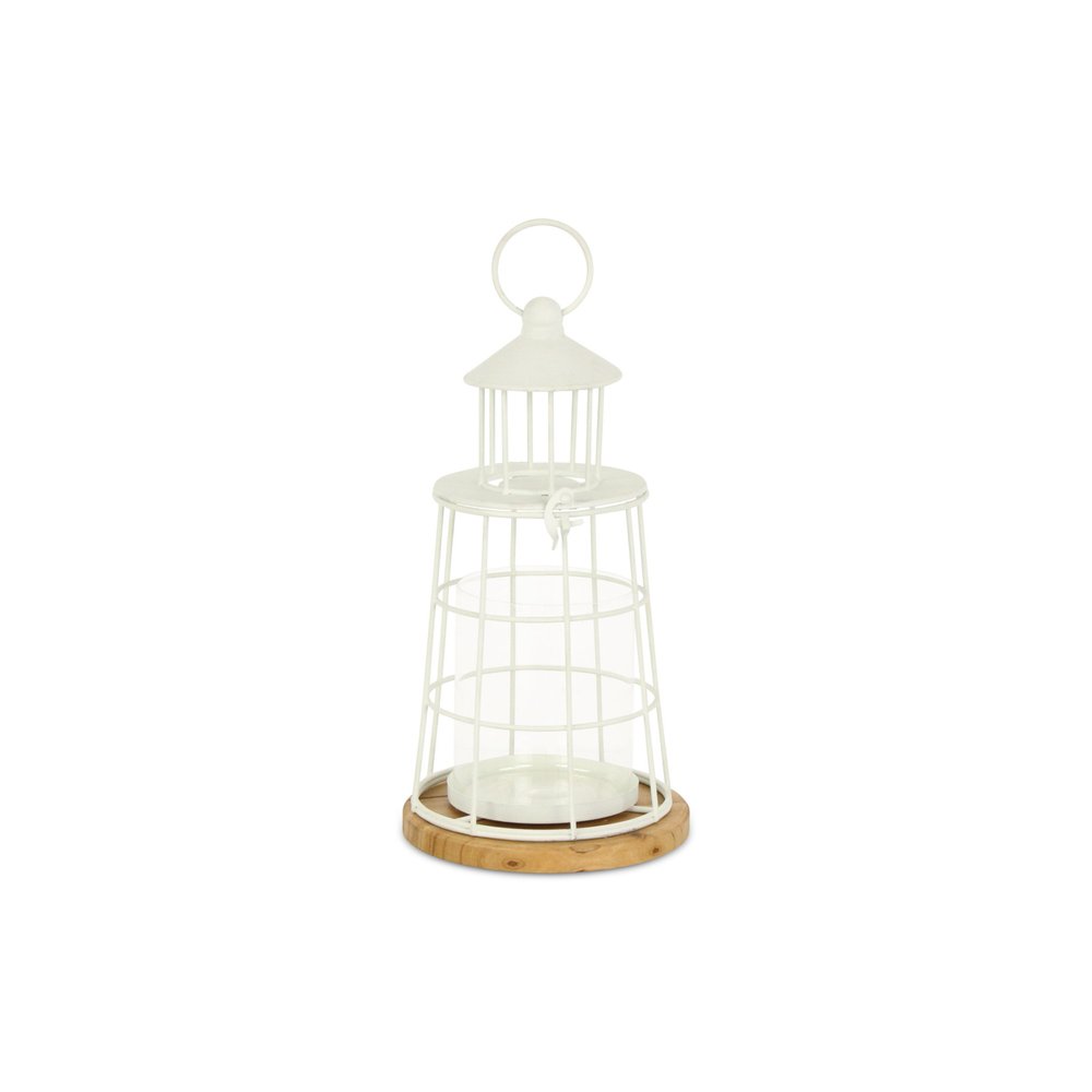 12" White And Natural Metal And Wood Lighthouse Tabletop Lantern Candle Holder