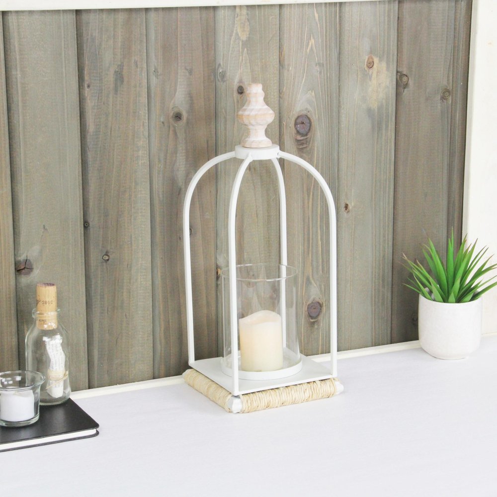 14" White Metal With Wood And Rope Tabletop Lantern Candle Holder