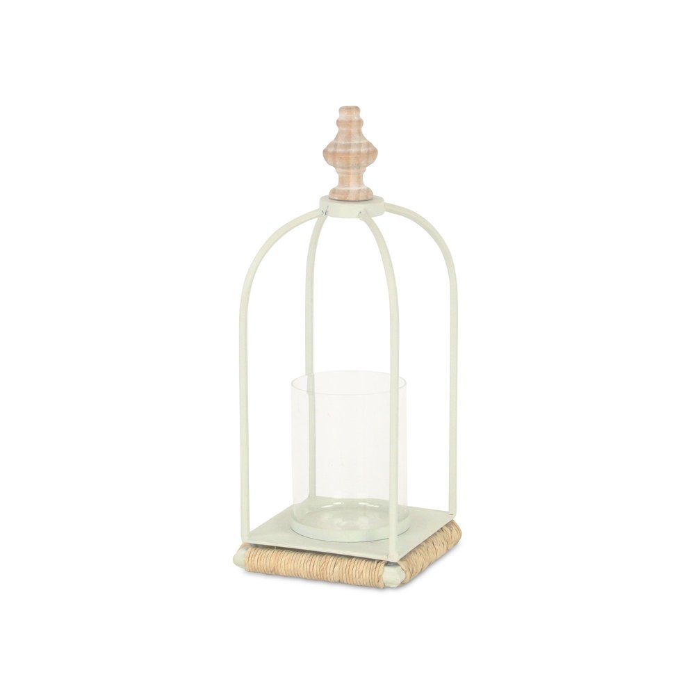14" White Metal With Wood And Rope Tabletop Lantern Candle Holder