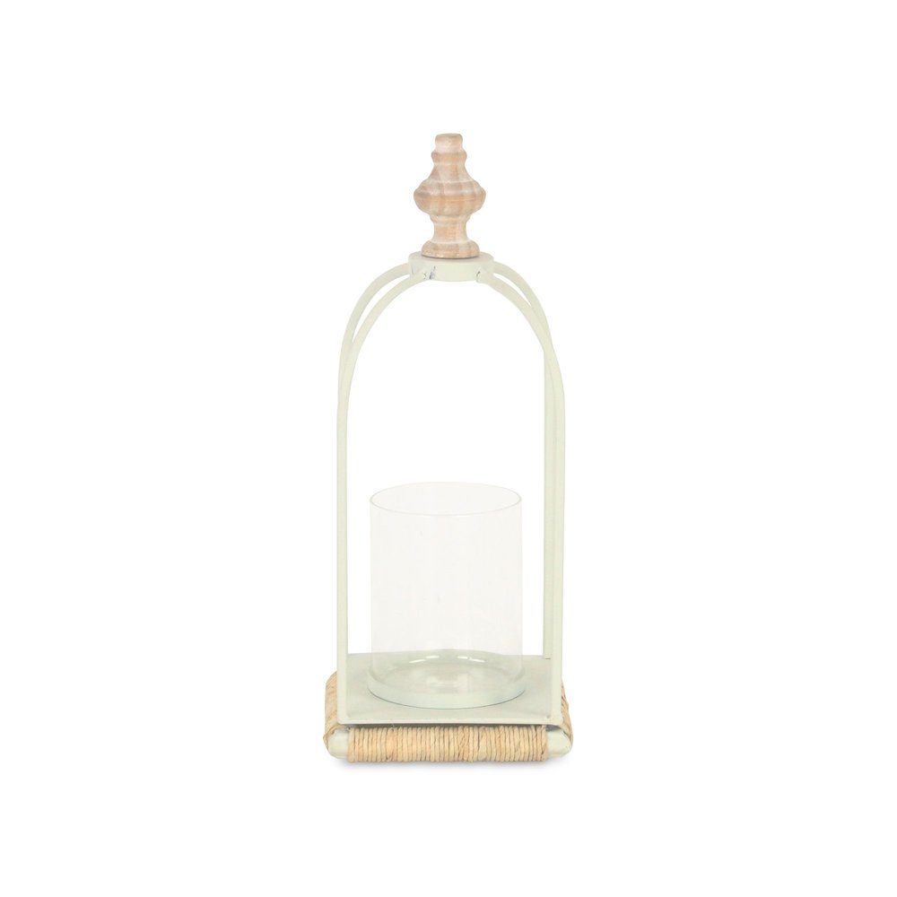 14" White Metal With Wood And Rope Tabletop Lantern Candle Holder