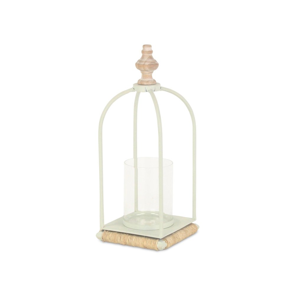 14" White Metal With Wood And Rope Tabletop Lantern Candle Holder