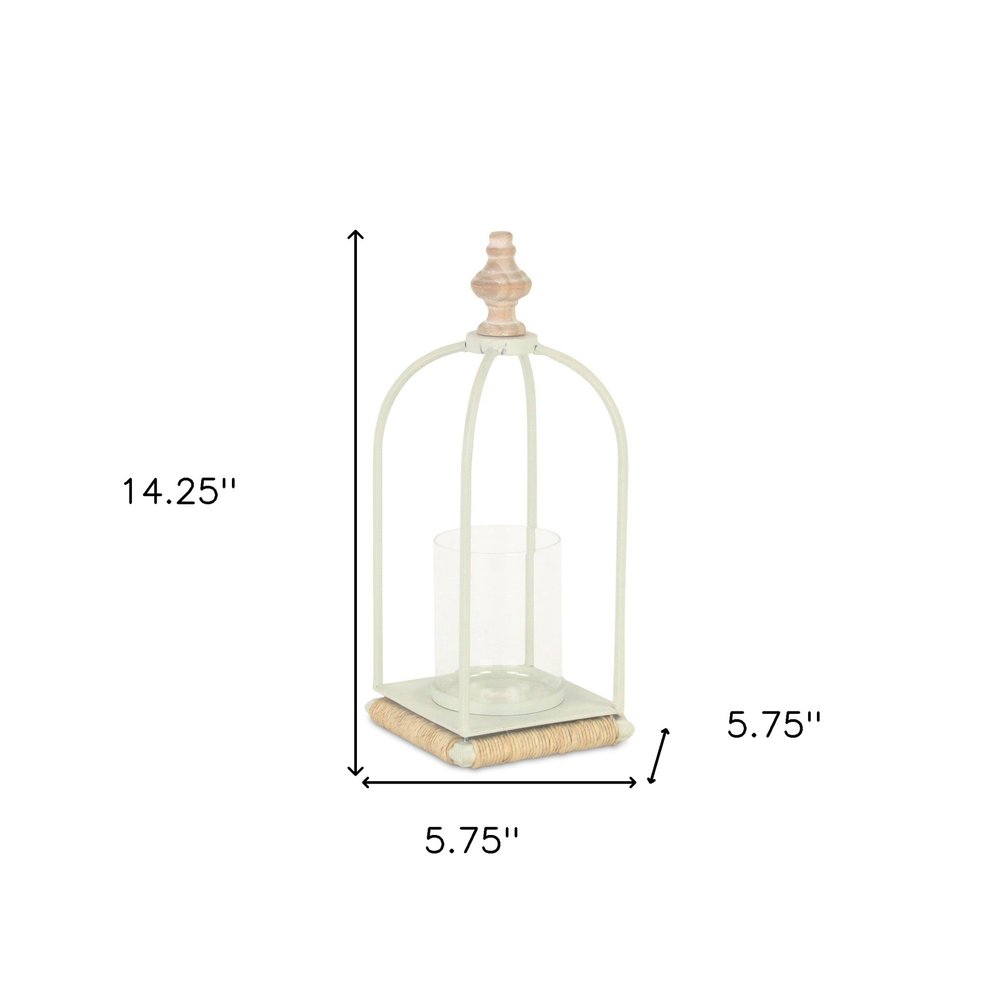 14" White Metal With Wood And Rope Tabletop Lantern Candle Holder