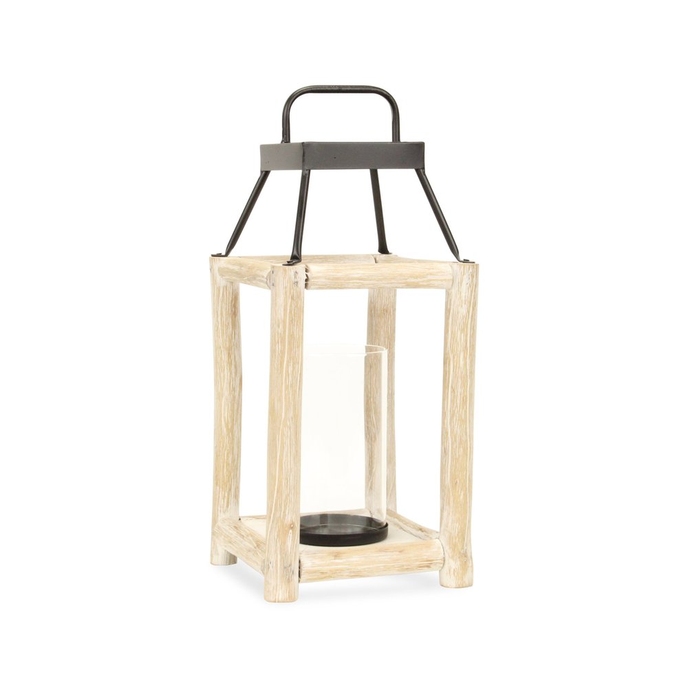 18" Black And Natural Distressed Glass Metal And Wood Tabletop Lantern Candle Holder