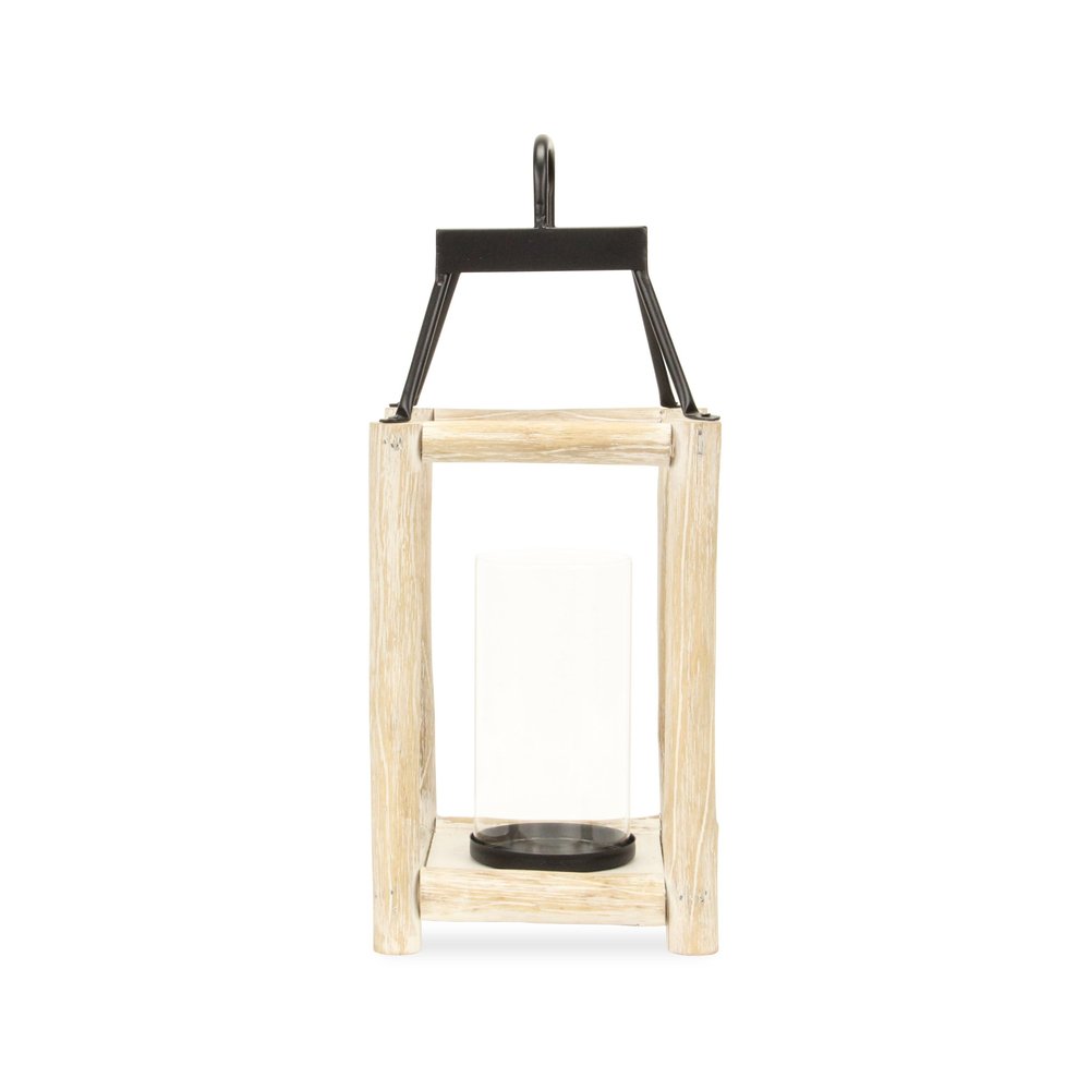 18" Black And Natural Distressed Glass Metal And Wood Tabletop Lantern Candle Holder