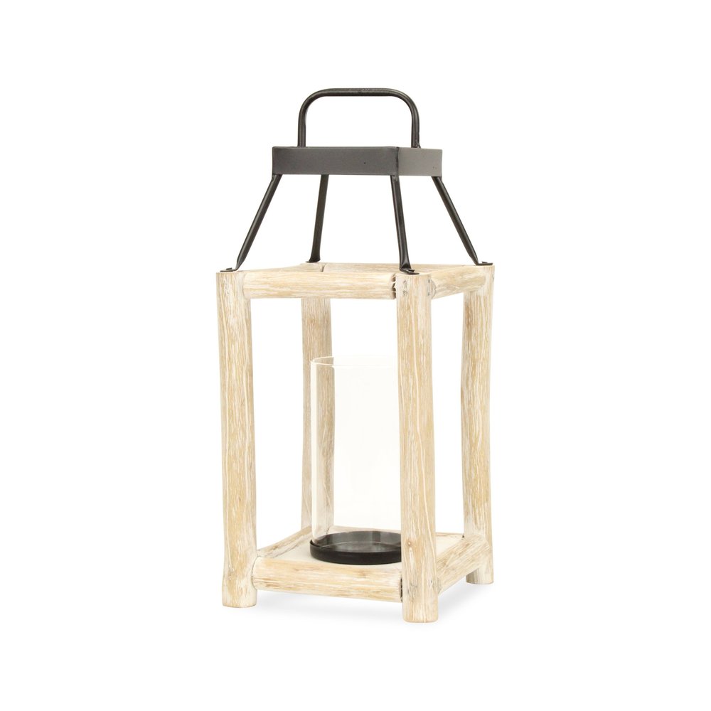 18" Black And Natural Distressed Glass Metal And Wood Tabletop Lantern Candle Holder