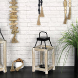 15" Natural And Black Glass Metal And Wood Tabletop Lantern Candle Holder