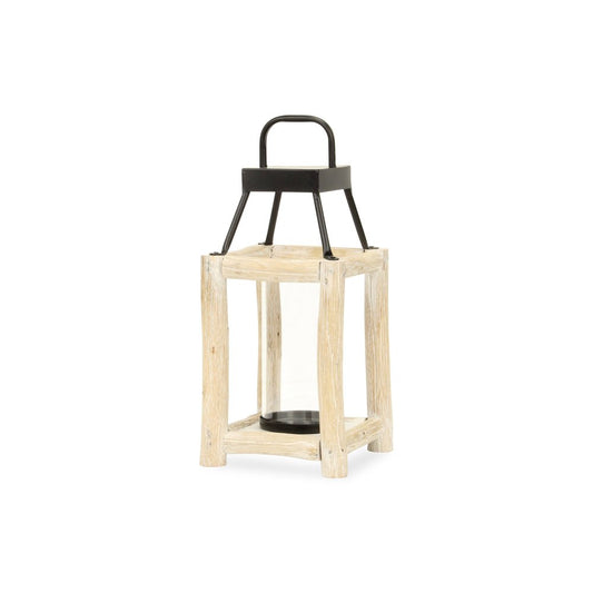 15" Natural And Black Glass Metal And Wood Tabletop Lantern Candle Holder