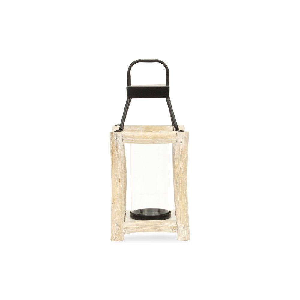 15" Natural And Black Glass Metal And Wood Tabletop Lantern Candle Holder