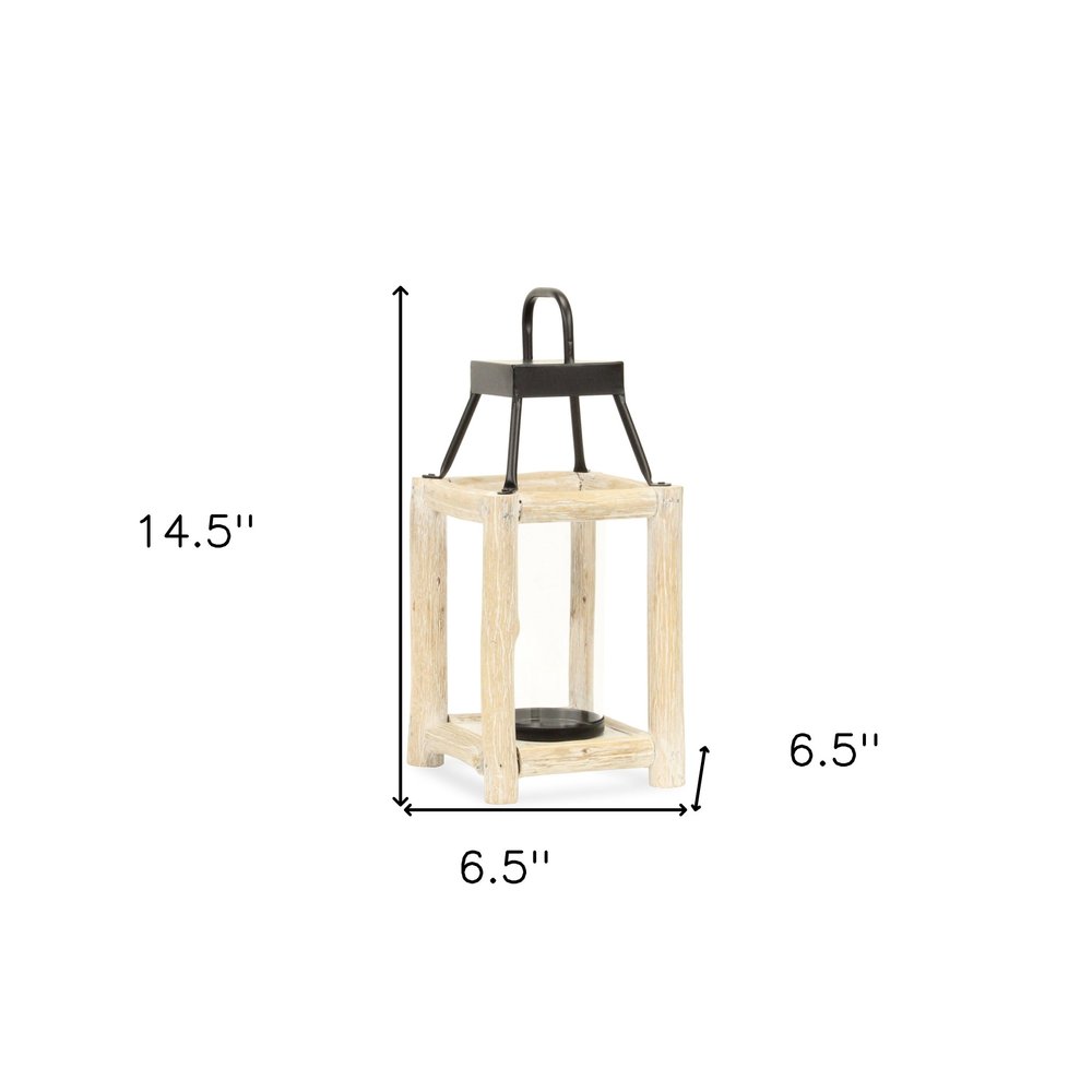 15" Natural And Black Glass Metal And Wood Tabletop Lantern Candle Holder