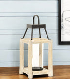 15" Natural And Black Glass Metal And Wood Tabletop Lantern Candle Holder