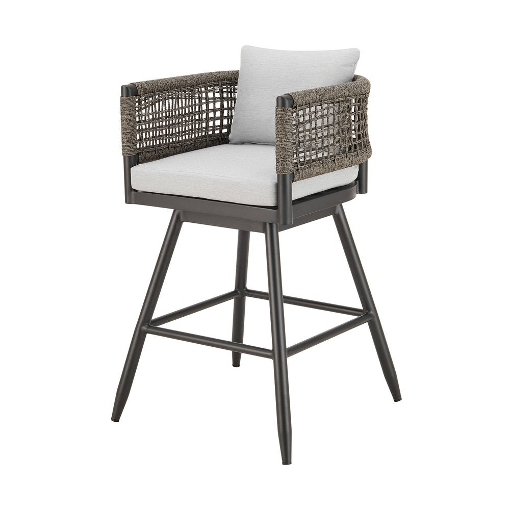 30" Black and Light Gray Aluminum Swivel Rope Back Outdoor Bar Height Chair with Footrest