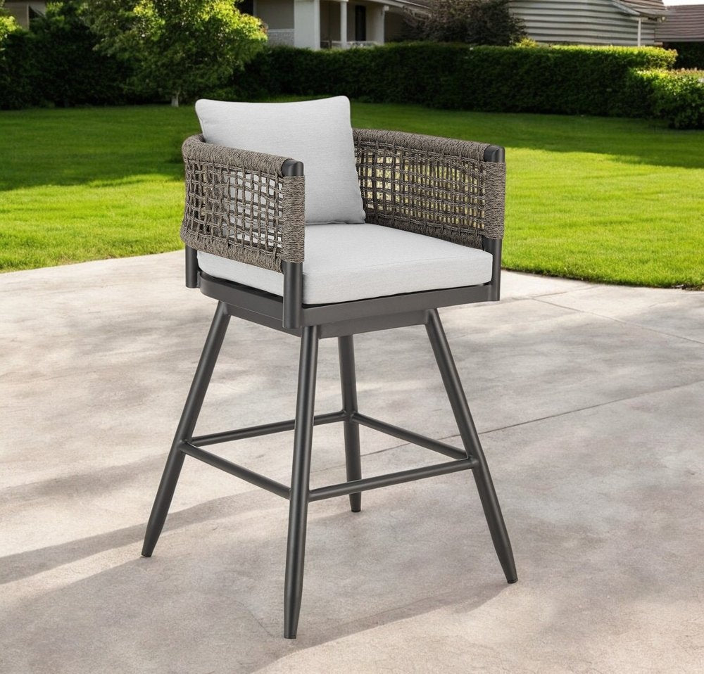30" Black and Light Gray Aluminum Swivel Rope Back Outdoor Bar Height Chair with Footrest