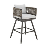 30" Black and Light Gray Aluminum Swivel Rope Back Outdoor Bar Height Chair with Footrest