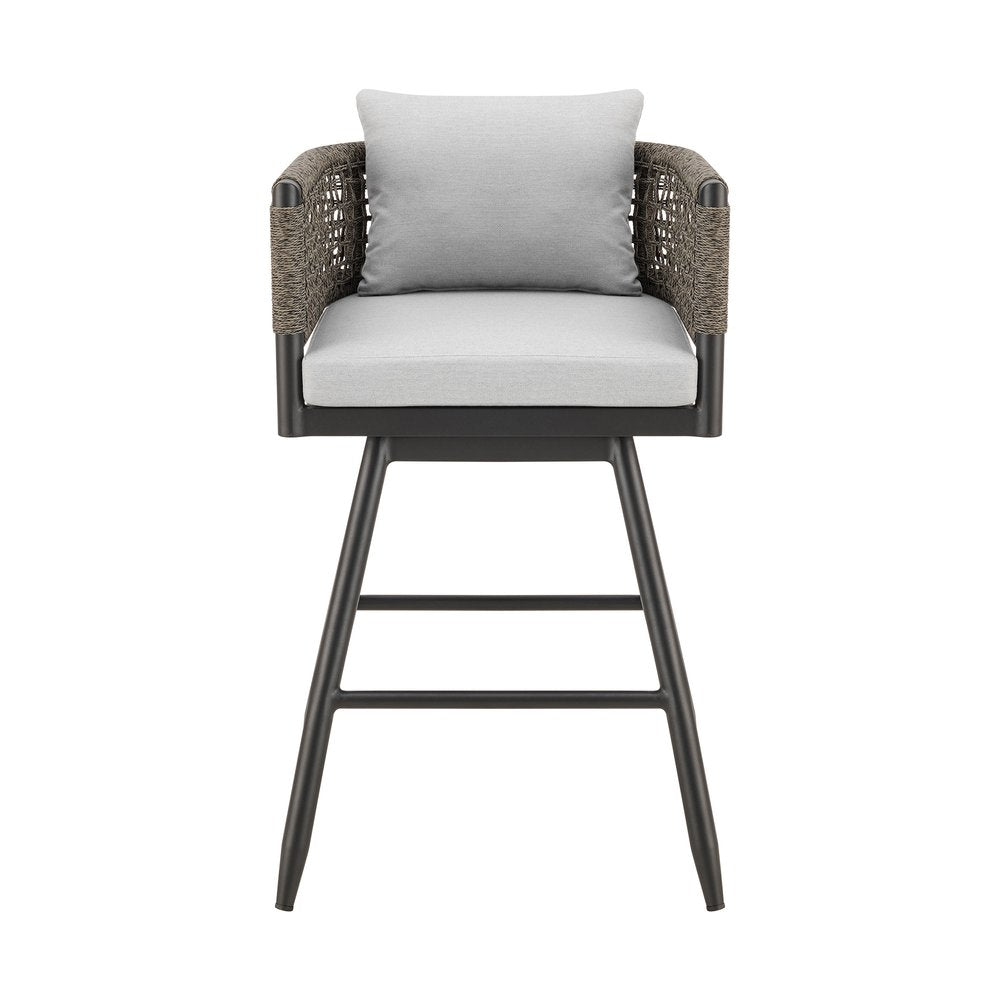 30" Black and Light Gray Aluminum Swivel Rope Back Outdoor Bar Height Chair with Footrest