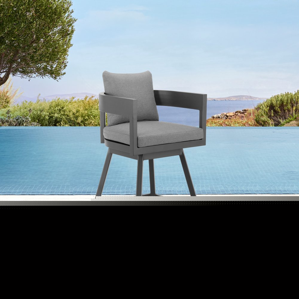 39" Dark Gray Metal Swivel Low back Outdoor Bar Height chair with Footrest