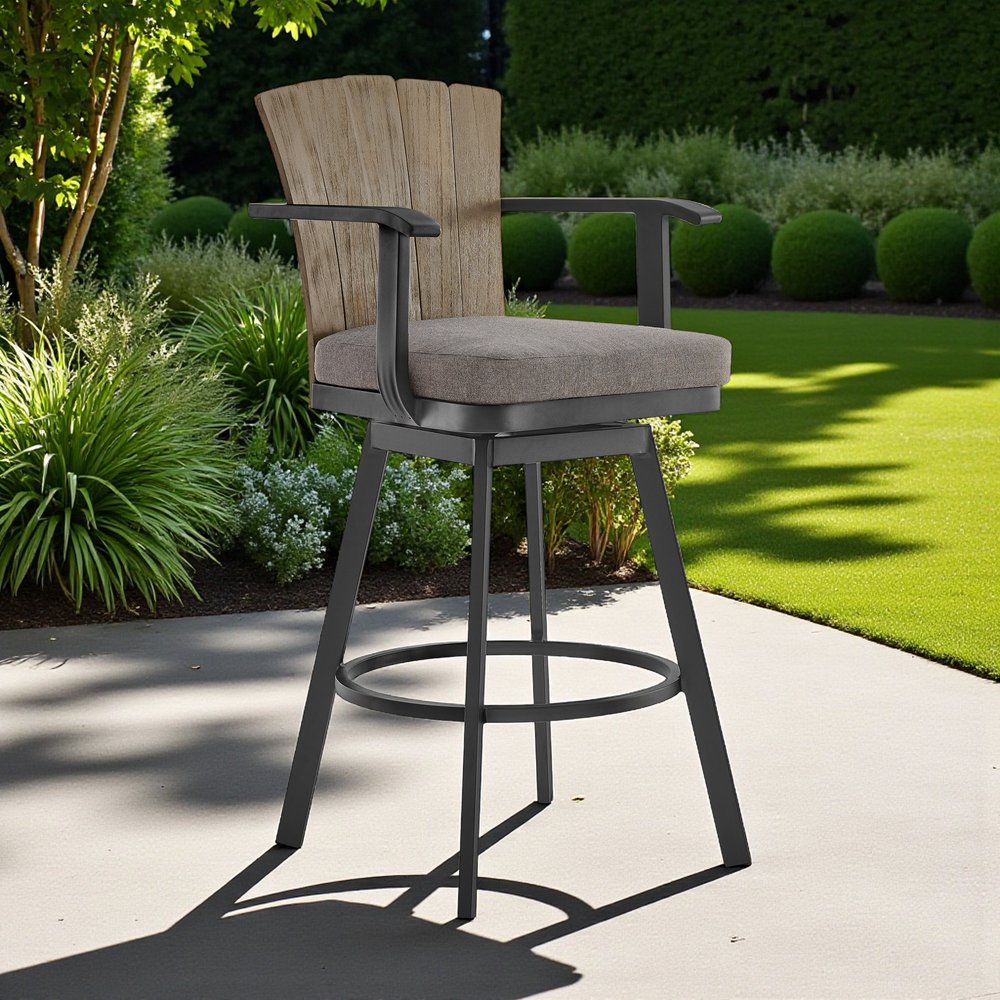 44" Charcoal Metal Swivel Outdoor Bar Height chair with Footrest
