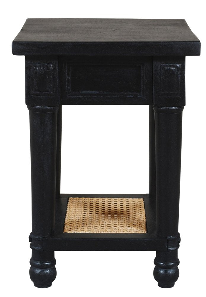 20" Black And Natural Solid Wood And Cane Square End Table With Shelf