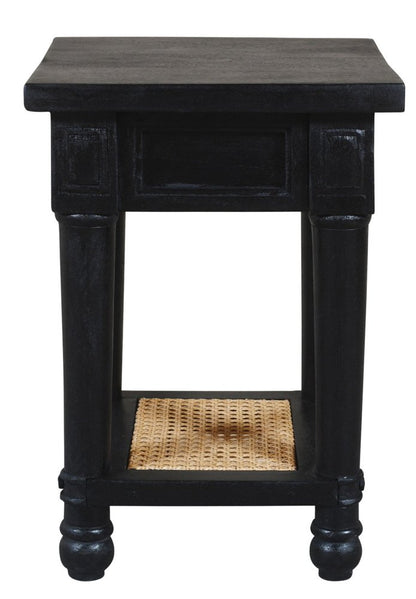 20" Black And Natural Solid Wood And Cane Square End Table With Shelf