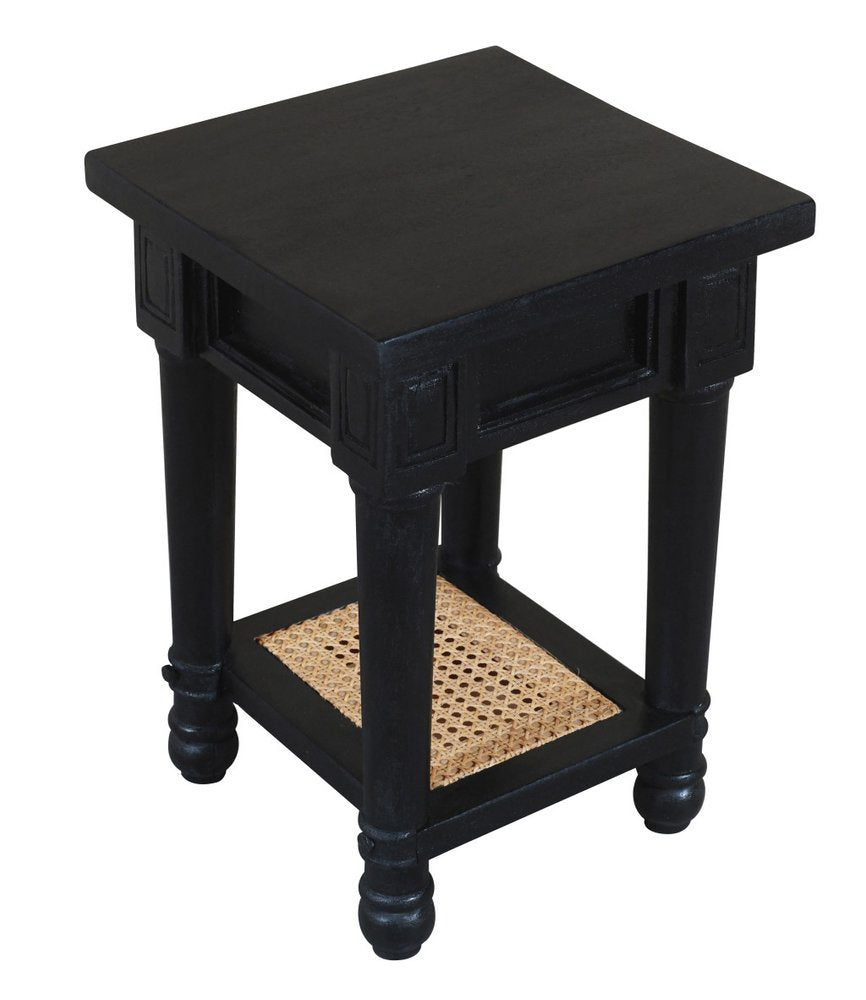 20" Black And Natural Solid Wood And Cane Square End Table With Shelf