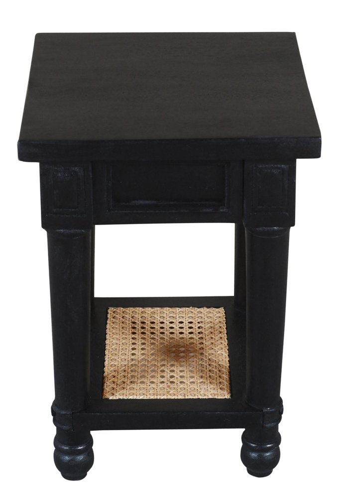 20" Black And Natural Solid Wood And Cane Square End Table With Shelf