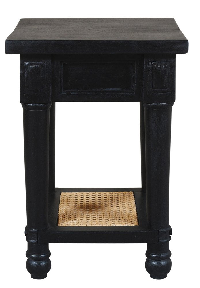 20" Black And Natural Solid Wood And Cane Square End Table With Shelf
