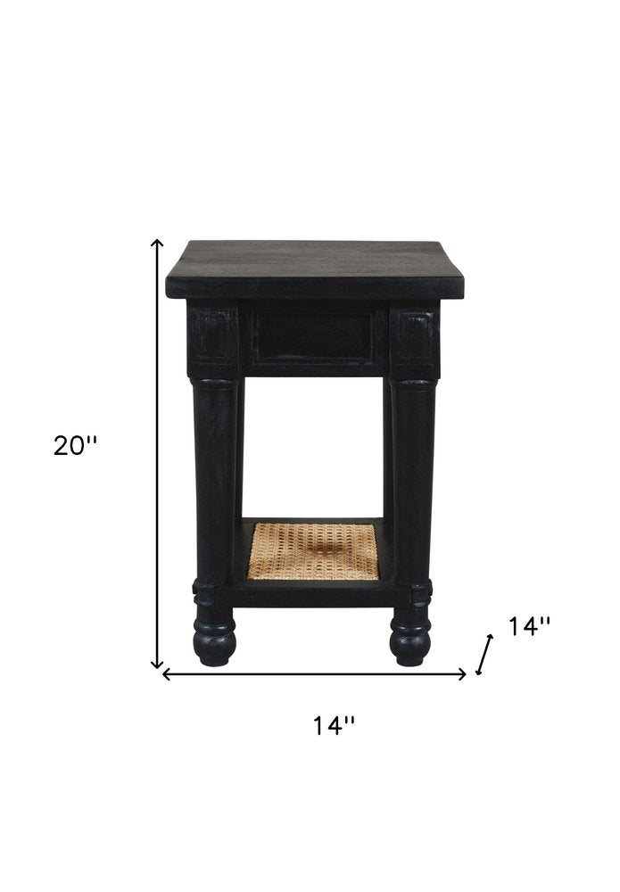 20" Black And Natural Solid Wood And Cane Square End Table With Shelf