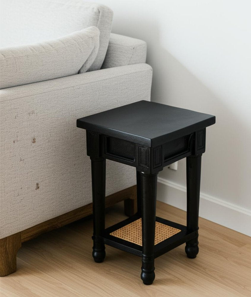 20" Black And Natural Solid Wood And Cane Square End Table With Shelf