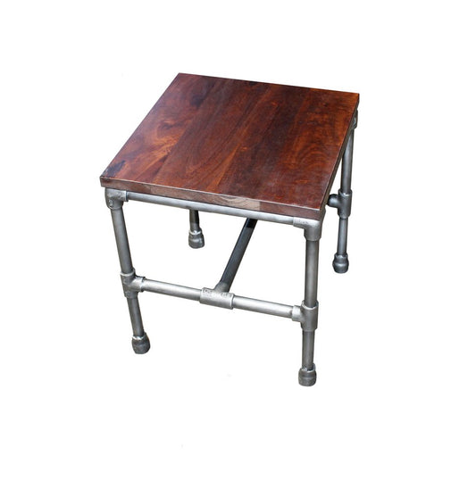 16" Brown and Silver Distressed Solid Wood and Iron Square End Table