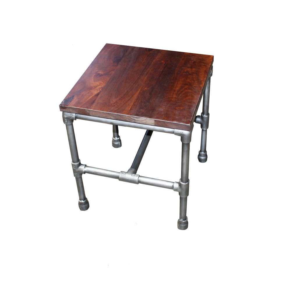 16" Brown and Silver Distressed Solid Wood and Iron Square End Table