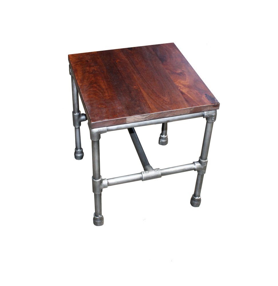 16" Brown and Silver Distressed Solid Wood and Iron Square End Table