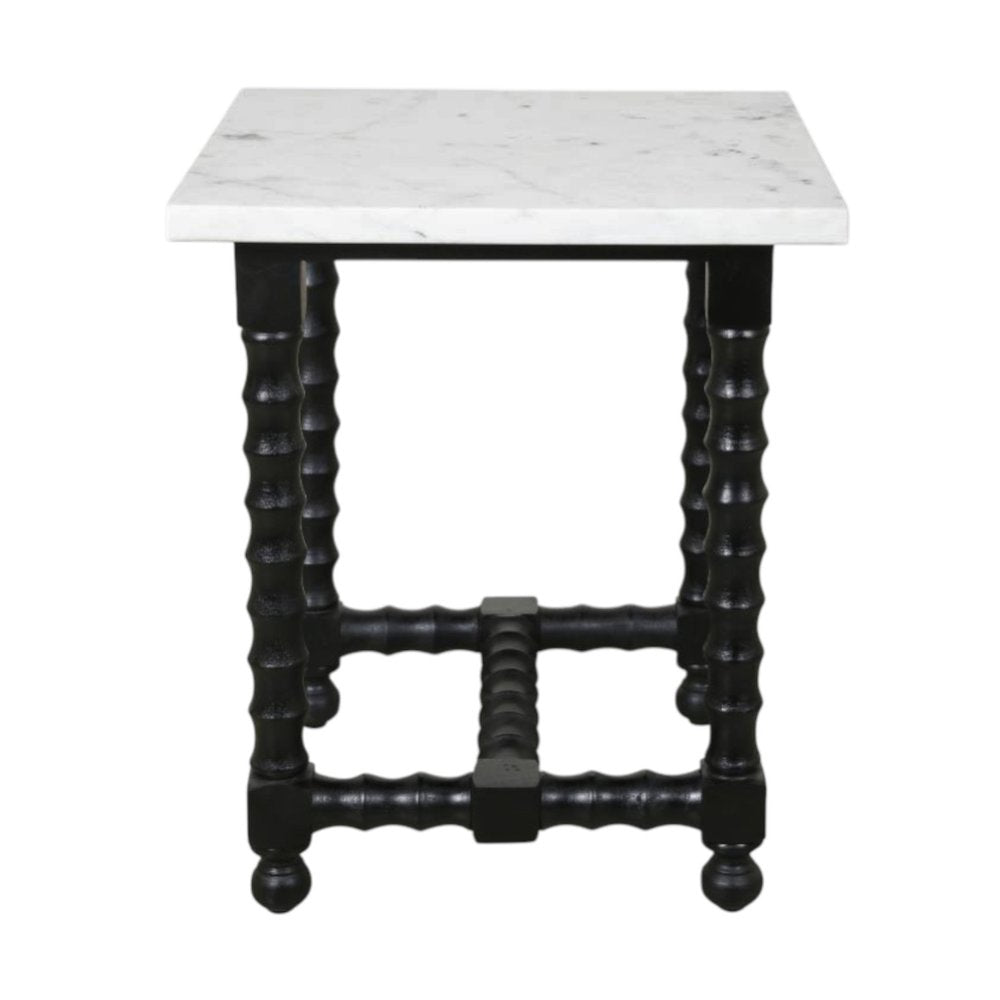 24" White and Black Marble and Solid Wood Square Trestle End Table