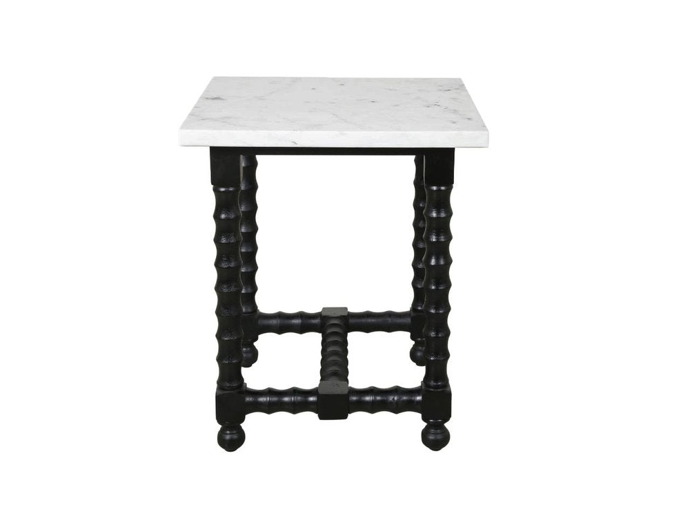 24" White and Black Marble and Solid Wood Square Trestle End Table