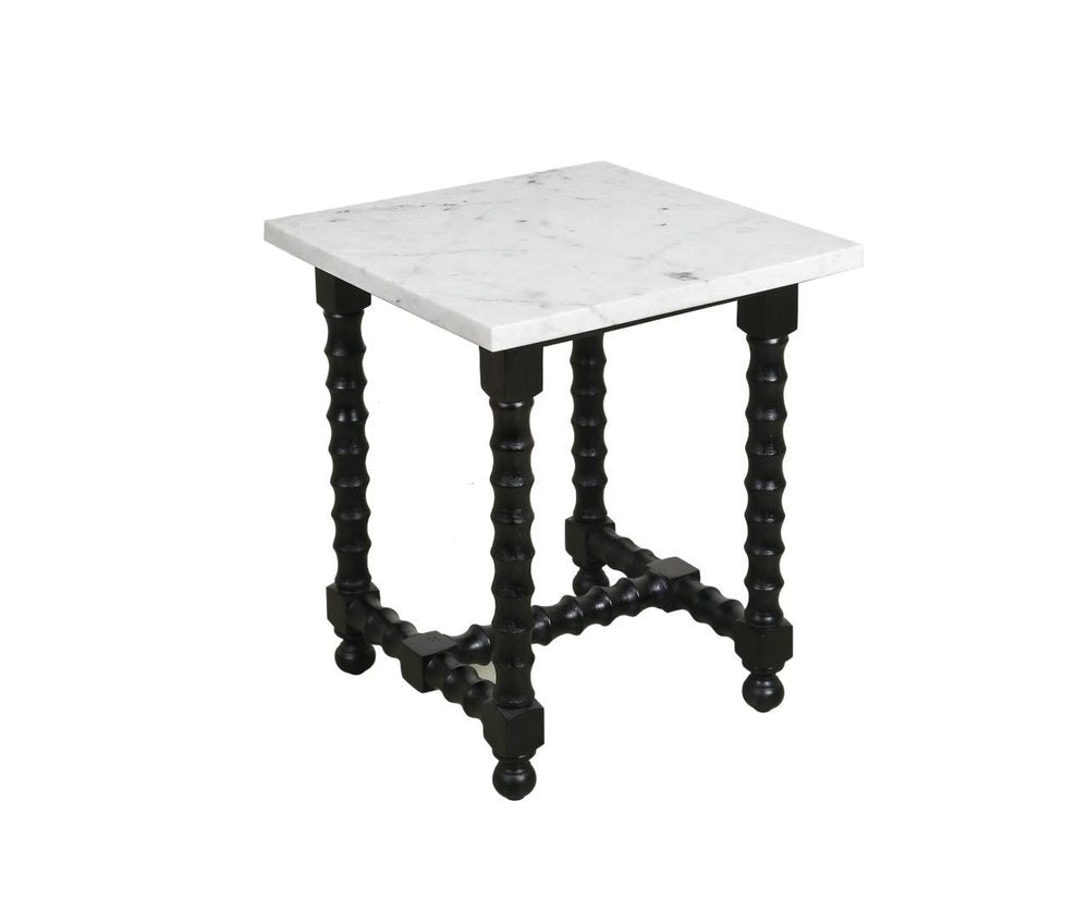 24" White and Black Marble and Solid Wood Square Trestle End Table