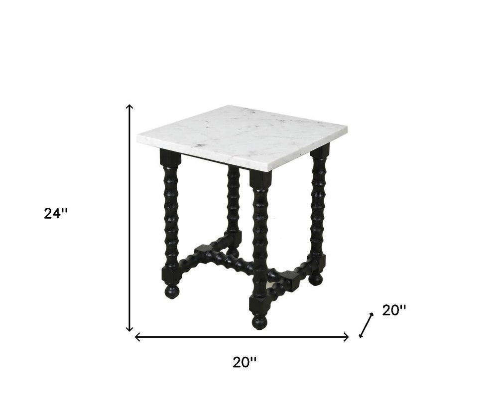 24" White and Black Marble and Solid Wood Square Trestle End Table