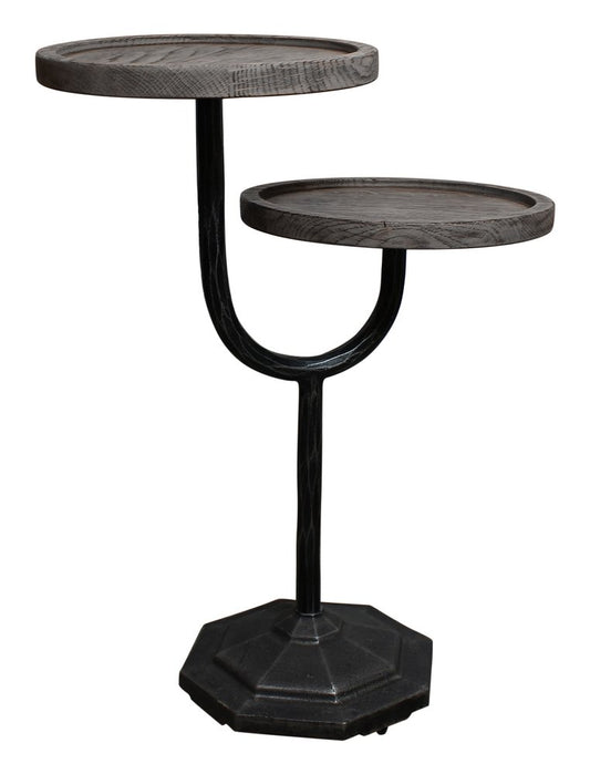 19" Natural and Black Solid Wood and Iron Round Double Tray Top End Table