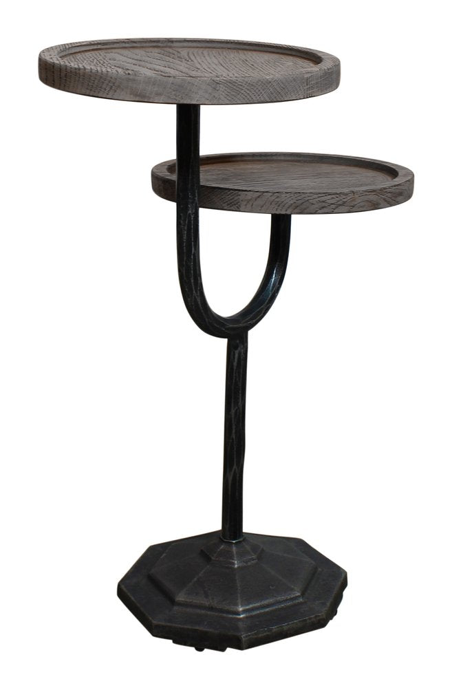 19" Natural and Black Solid Wood and Iron Round Double Tray Top End Table