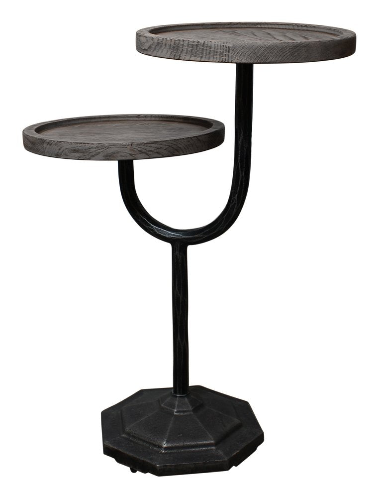 19" Natural and Black Solid Wood and Iron Round Double Tray Top End Table